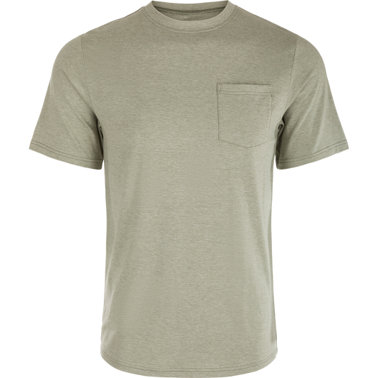 A close-up of the Bamboo Short Sleeve Pocket Crew, a soft and breathable shirt with a pocket. Lightweight, moisture-wicking, and quick-drying.
