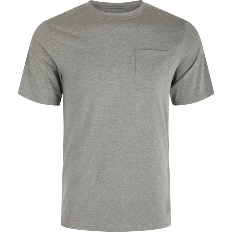 A close-up of the Drake Waterfowl Bamboo Short Sleeve Pocket Crew, a grey shirt with a pocket. Made of bamboo blend fabric, it's soft, breathable, and moisture-wicking. Lightweight and quick-drying, it offers natural odor resistance. Perfect for outdoor activities.