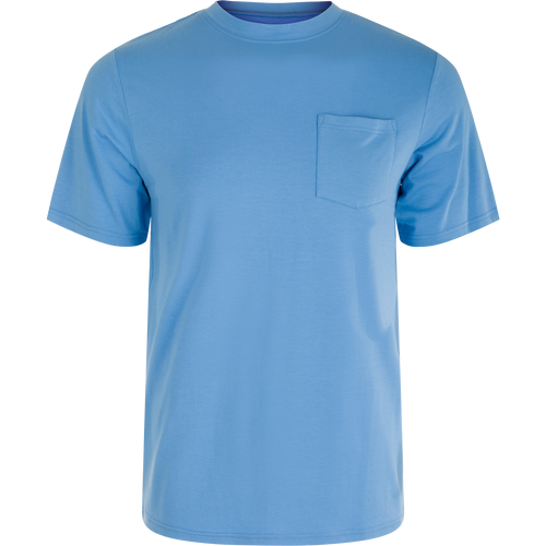 A close-up of the Bamboo Short Sleeve Pocket Crew, a buttery soft and breathable shirt made of bamboo blend fabric. Lightweight, moisture-wicking, and quick-drying with natural odor resistance. Perfect for outdoor activities.