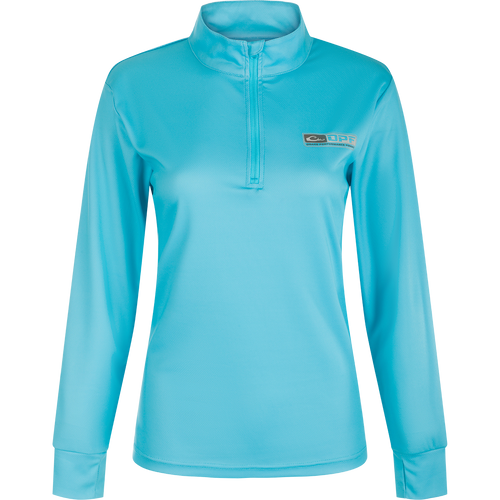 A women's Performance Mesh 1/4 Zip shirt with built-in stretch, UPF 50 sun protection, and moisture-wicking fabric. Features thumbholes and a 1/4 zip neck. Ideal for outdoor activities.