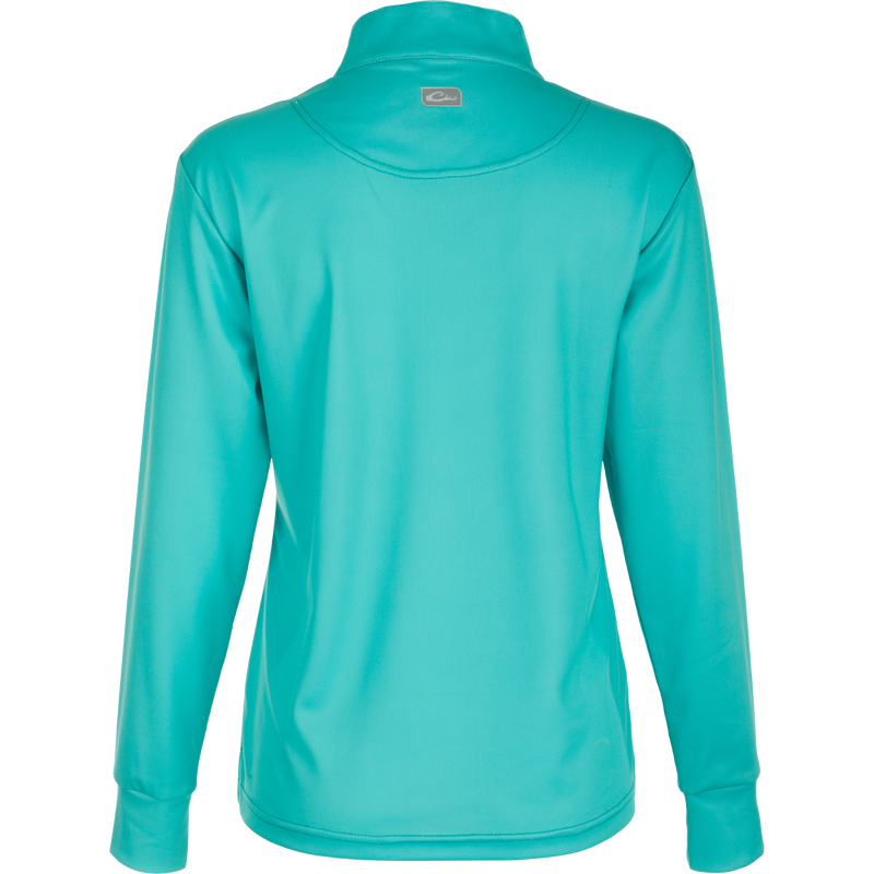 Women's Performance Mesh 1/4 Zip: Close-up of a lightweight, quick-drying, and moisture-wicking jacket with built-in stretch. Features thumbholes and a 1/4 zip neck for added sleeve protection and ventilation. Perfect for outdoor activities.