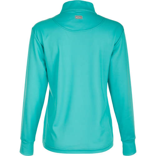Women's Performance Mesh 1/4 Zip: Close-up of a lightweight, quick-drying, and moisture-wicking jacket with built-in stretch. Features thumbholes and a 1/4 zip neck for added sleeve protection and ventilation. Perfect for outdoor activities.