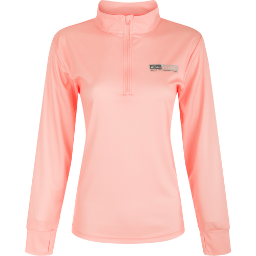 Women's Performance Mesh 1/4 Zip: A pink long-sleeved shirt with built-in stretch, UPF 50 sun protection, and thumbholes for added sleeve protection. Lightweight and quick-drying, perfect for outdoor activities.