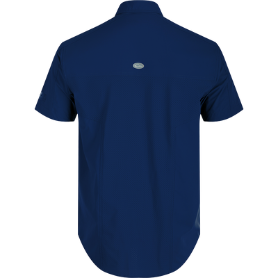 A close-up of the Performance Mesh Paneled Short Sleeve Shirt with laser-punched mesh back panels for ventilation and two button-through chest pockets. Lightweight, moisture-wicking fabric with UPF 50 sun protection. Perfect for outdoor activities.