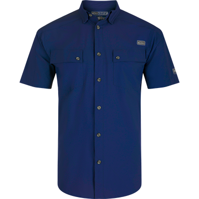 Performance Mesh Paneled Short Sleeve Shirt with laser-punched mesh back panels for ventilation, hidden button-down collar, and two chest pockets.