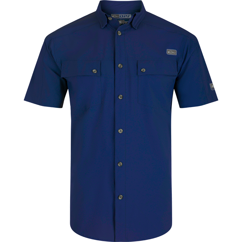 Performance Mesh Paneled Short Sleeve Shirt with laser-punched mesh back panels for ventilation, hidden button-down collar, and two chest pockets.