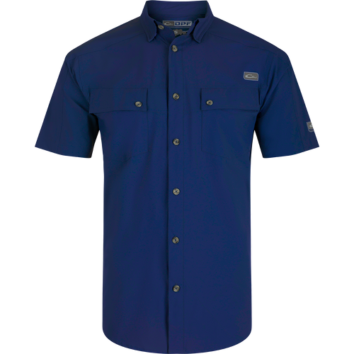 Performance Mesh Paneled Short Sleeve Shirt with laser-punched mesh back panels for ventilation, hidden button-down collar, and two chest pockets.