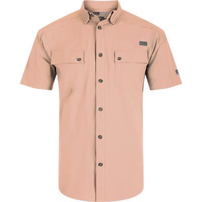 A close-up of the Performance Mesh Paneled Short Sleeve Shirt, featuring a hidden button-down collar, laser-punched mesh back panels for ventilation, and two button-through flap chest pockets. The shirt is made of a luxurious blend of nylon and spandex, offering stretch, drape, and high performance. It also provides UPF 50 sun protection, moisture-wicking, and quick-drying properties. Ideal for outdoor activities like hunting, fishing, and more.