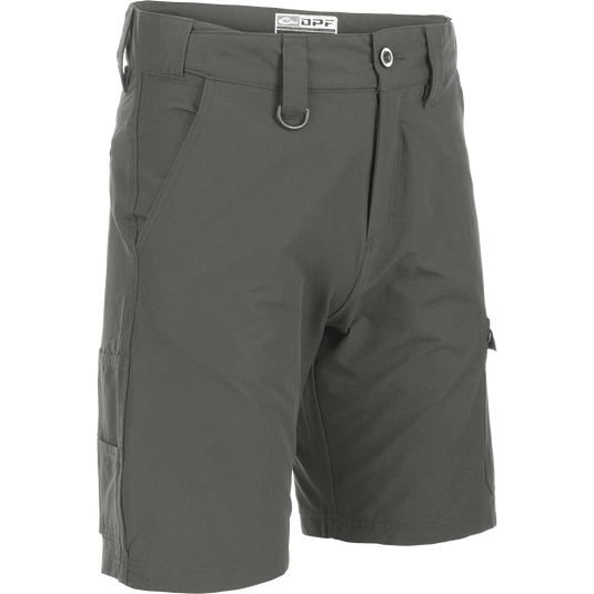Performance Hybrid Fishing Short 9": Grey shorts with functional fly, multiple pockets, and hidden adjustable waistband. Quick-drying, water-resistant fabric for rugged comfort on the water. From Drake Waterfowl.