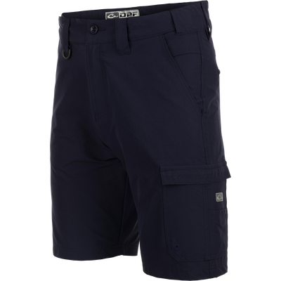 A pair of Performance Hybrid Fishing Shorts with built-in stretch, moisture-wicking fabric, and quick-drying technology. Features include front slash mesh pockets, back zippered pockets, reinforced plier's pocket, and adjustable waistband. 9-inch inseam. From Drake Waterfowl.