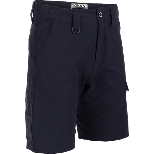 Performance Hybrid Fishing Short 9" - Black shorts with metal ring on blue fabric. Versatile, quick-drying, and water-resistant. Multiple pockets, functional fly, and adjustable waistband. Designed for fishing with style.