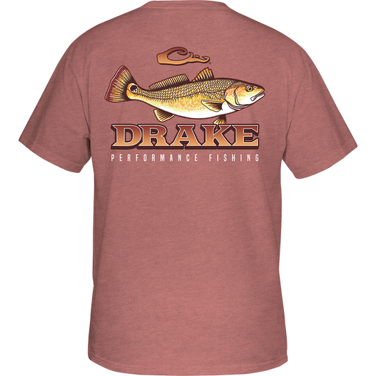 Trophy Redfish T-Shirt: Back view of a pink shirt with a fish pattern, featuring the DPF Flag logo on the front. Lightweight and comfortable cotton/polyester blend.
