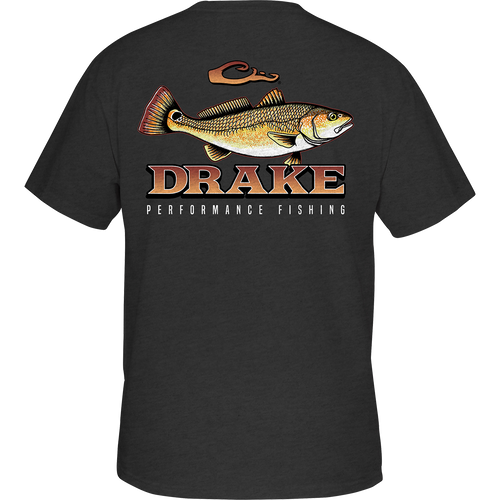 Trophy Redfish T-Shirt: Back view of a grey shirt with a fish pattern, featuring the DPF Flag logo on the front. Lightweight and comfortable, made with 60% cotton and 40% polyester blend.