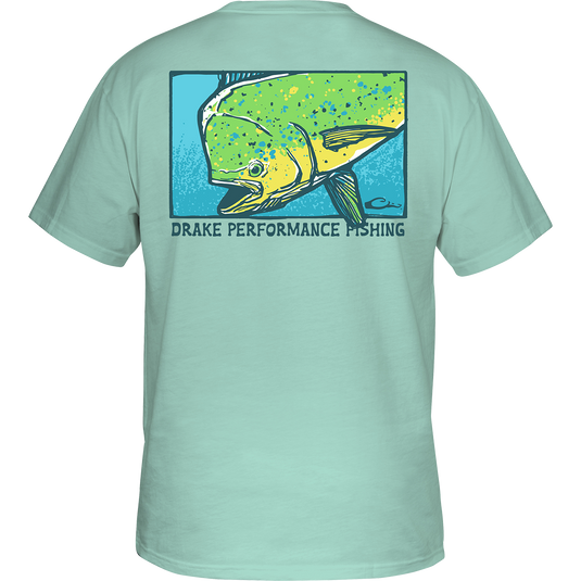 Trekking Dorado T-Shirt: Back view of a non-pocketed t-shirt featuring a colorful fish from the Fish Profile Series. DPF Flag logo on the front. Lightweight and comfortable.