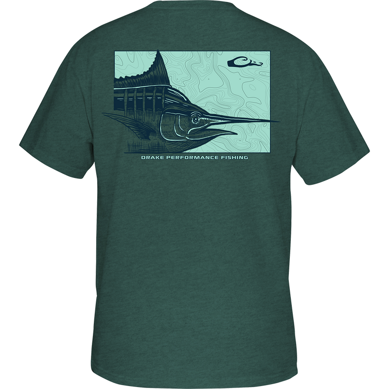 Cruising Marlin T-Shirt: Back of a t-shirt featuring a swordfish graphic from the Fish Profile Series. No front pocket. Lightweight and comfortable blend of cotton and polyester. DPF Flag logo on the front.
