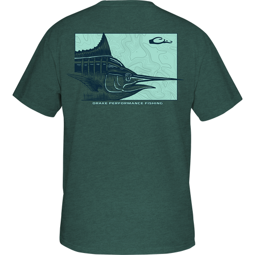 Cruising Marlin T-Shirt: Back of a t-shirt featuring a swordfish graphic from the Fish Profile Series. No front pocket. Lightweight and comfortable blend of cotton and polyester. DPF Flag logo on the front.