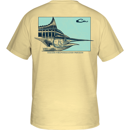 Cruising Marlin T-Shirt: Back view of a soft, lightweight fishing graphic tee with a monochromatic Marlin design from the Fish Profile Series. DPF Flag logo on the front. No front pocket.