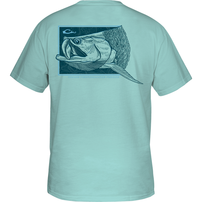 Rolling Tarpon T-Shirt: A back view of a white shirt with a fish graphic, part of the Fish Profile Series. No front pocket. Lightweight and comfortable.
