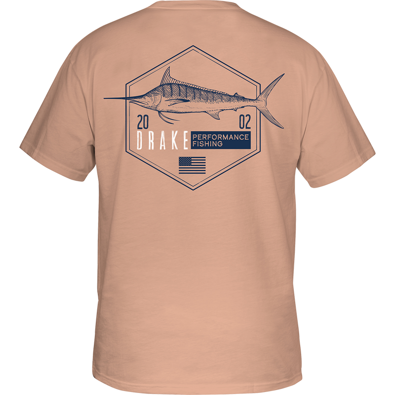 Marlin Hexagon T-Shirt: Back of a soft, lightweight tee with a tonal Marlin graphic from the Hexagon Badge Series. DPF Flag logo on the front. No front pocket. 60% cotton, 40% polyester blend.