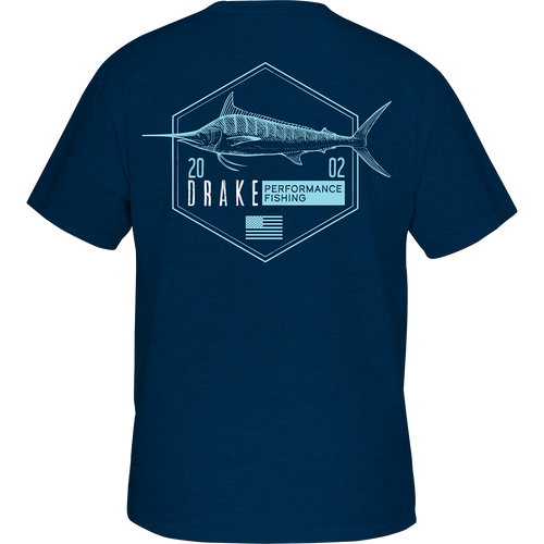 Marlin Hexagon T-Shirt: Back view of a blue shirt with a fish graphic. DPF Flag logo on the front. Lightweight and comfortable. No front pocket. 60% cotton/40% polyester blend.