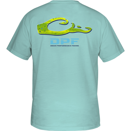 Mahi Scales T-Shirt: Back view of a non-pocketed t-shirt with a colorful Mahi graphic from the Fish Scales Logo Series. DPF Flag logo on the front. Lightweight and comfortable blend of cotton and polyester.