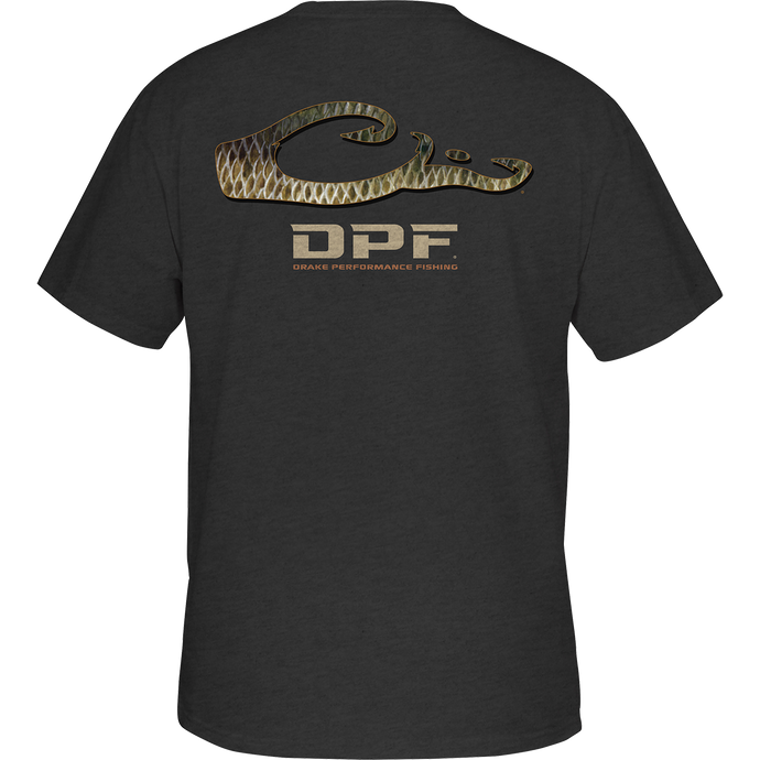 Bass Scales T-Shirt with gold logo on back, depicting snake skin pattern and curved arrow. Lightweight, non-pocketed design.
