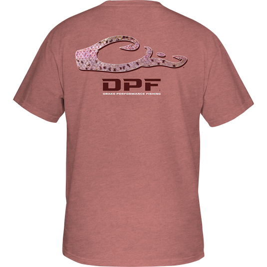 Trout Scales T-Shirt with back graphic depicting a pink shirt and a close-up of snake skin, featuring a logo with the letter "p" and a red and white "p" logo.