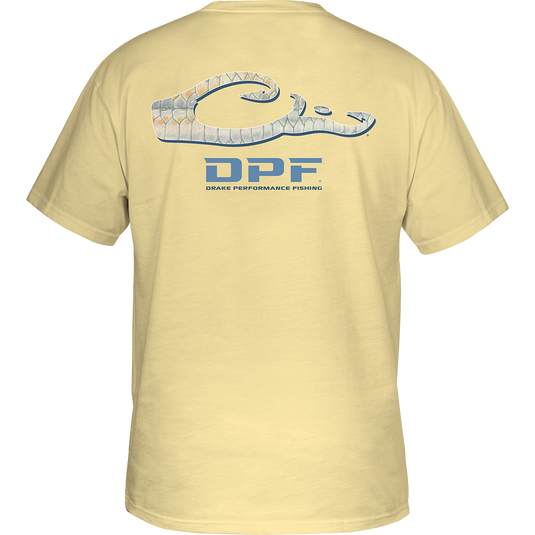 Tarpon Scales T-Shirt with DPF Flag logo on the front, depicting a back view of a yellow shirt with a dragon logo. Lightweight and comfortable 60% cotton/40% polyester blend. No front pocket.