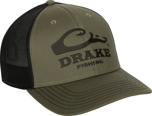 A close-up of the DPF Stretch Fit Cap with a logo on a green fabric. Perfect for summer on the water.