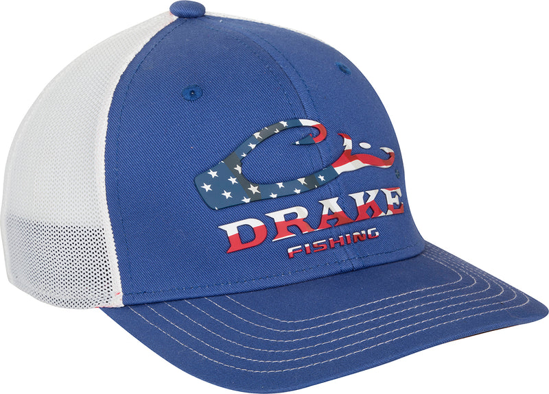 A blue and white DPF Stretch Fit Cap with a logo, providing comfort and sun protection during summer on the water.