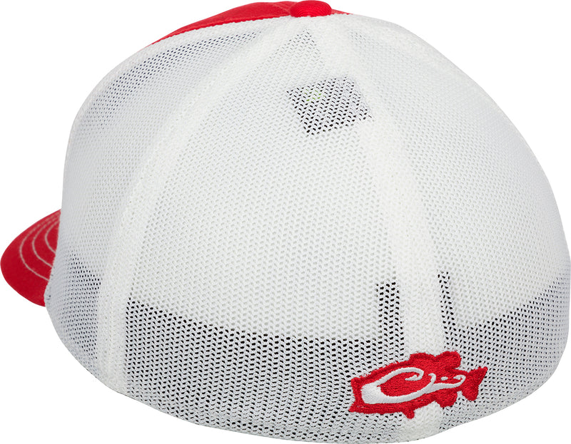 A white and red DPF Stretch Fit Cap with a fish design, providing comfort and sun protection for summer days on the water.