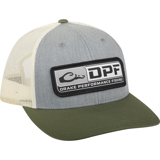 A DPF Mesh Back Cap with a logo, featuring a close-up of a patch and a logo.