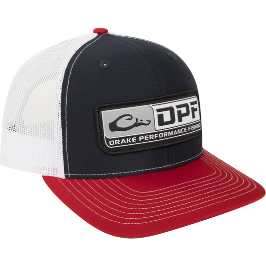 A DPF Mesh Back Cap, a red and white hat with a logo on it, perfect for hunting and fishing.