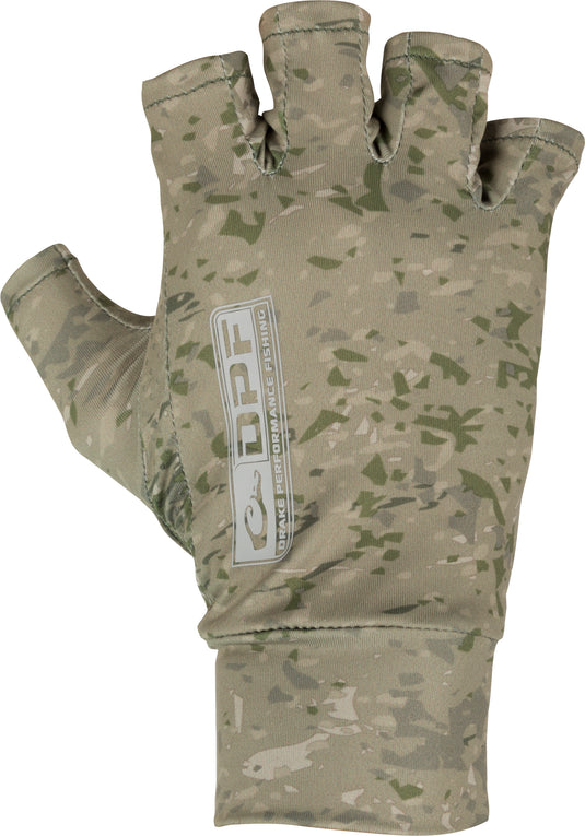 DPF Performance Fingerless Fishing Gloves, featuring a logo and a camouflage pattern. These gloves provide full dexterity and protection from the sun's harmful UV rays while fishing. The silicone palm grip dots ensure a secure hold on your rod and reel. Made of 92% polyester and 8% spandex.