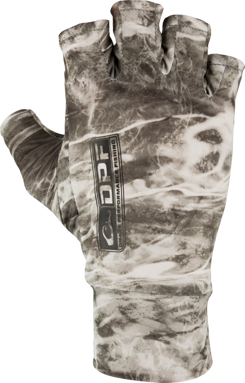A fingerless fishing glove with a logo and design, providing full dexterity and sun protection. Silicone palm grip dots ensure a secure hold on your rod and reel.