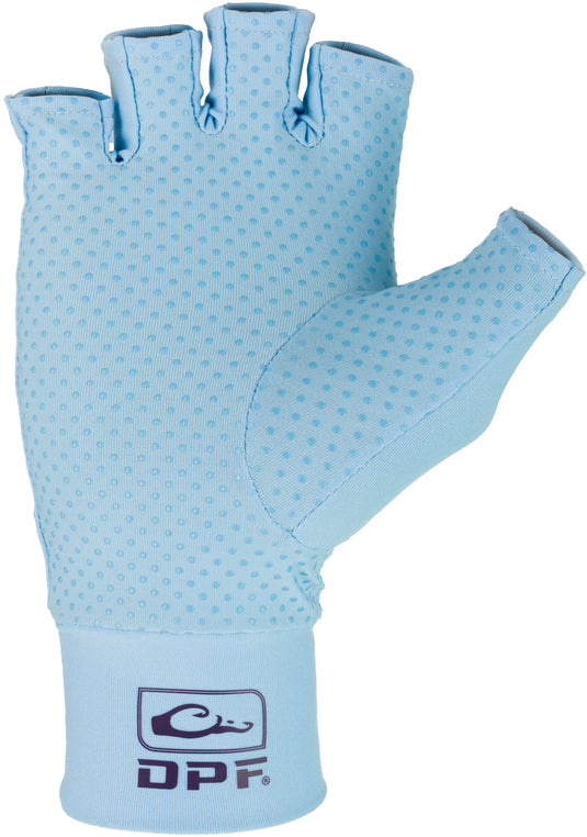 Blue DPF Performance Fingerless Fishing Gloves with a logo on a fabric surface.