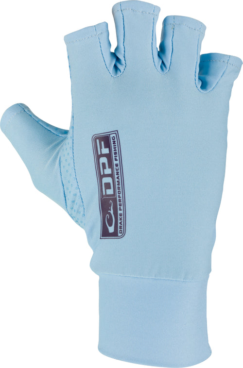Blue DPF Performance Fingerless Fishing Gloves with a logo, providing full dexterity and sun protection for comfortable fishing. Silicone palm grip dots ensure a secure hold on the rod and reel.