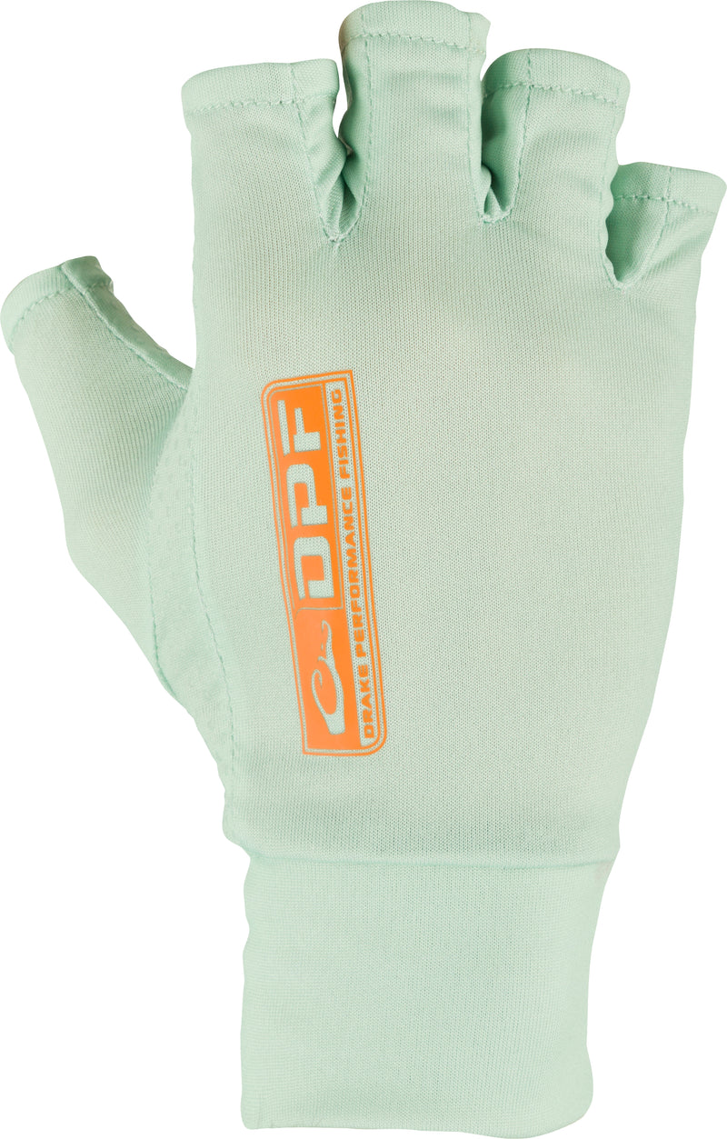 Green DPF Performance Fingerless Fishing Gloves, featuring a logo and silicone palm grip dots. Protect your hands from the sun's harmful UV rays while fishing comfortably.