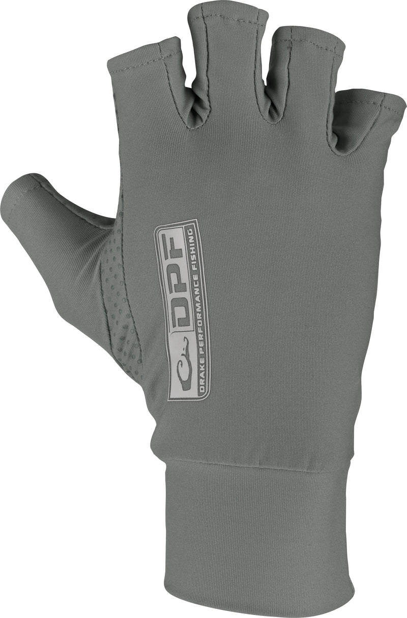 DPF Performance Fingerless Fishing Gloves with a logo on a grey fabric. Grip dots ensure secure hold on rod & reel.