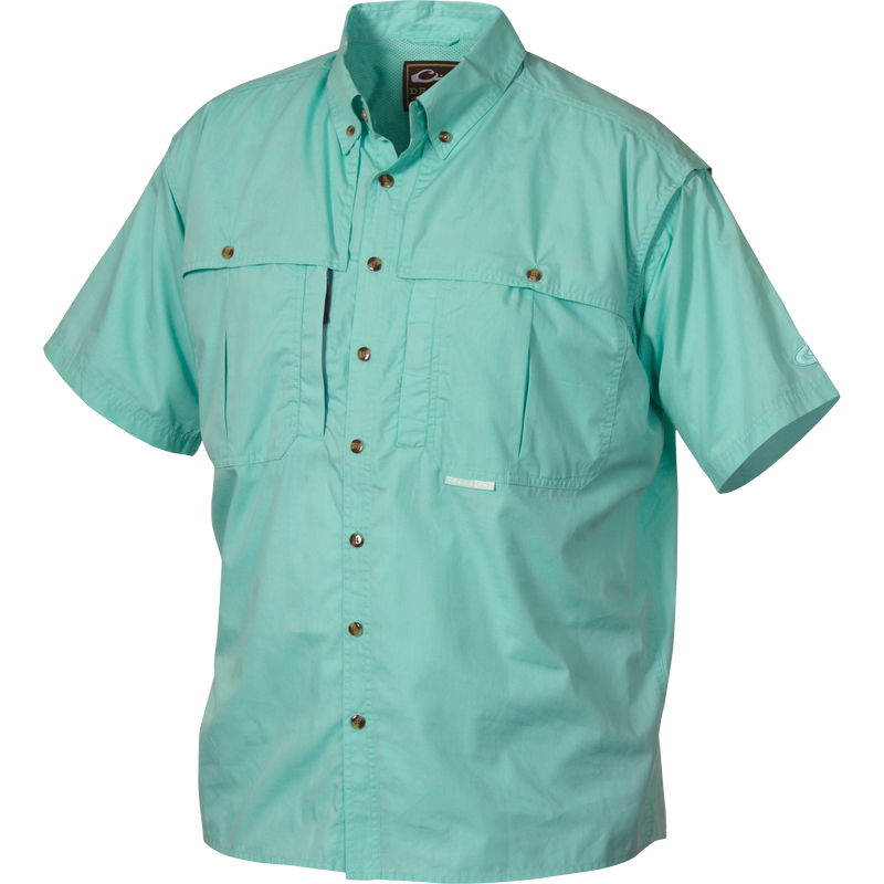 An aqua Cotton Wingshooter's Shirt with StayCool™ Fabric, showcasing the shirt's collar, sleeve, and button details.