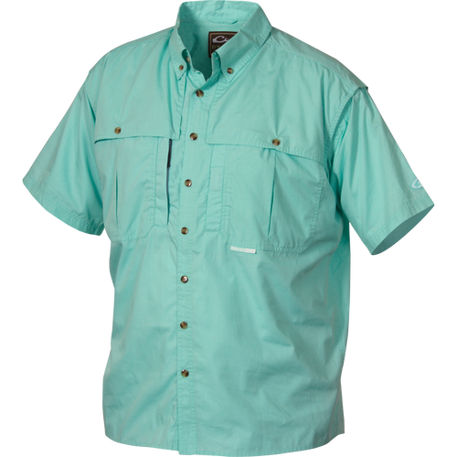 An aqua Cotton Wingshooter's Shirt with StayCool™ Fabric, showcasing the shirt's collar, sleeve, and button details.