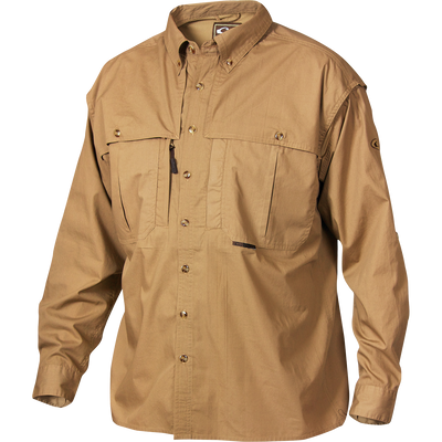 A long-sleeved tan cotton blend shirt with front and back ventilation, oversized chest pockets, and a vertical zippered pocket on the right chest. Stay cool and comfortable in warm weather with the StayCool™ fabric. Perfect for outdoor activities or a casual day at the office.