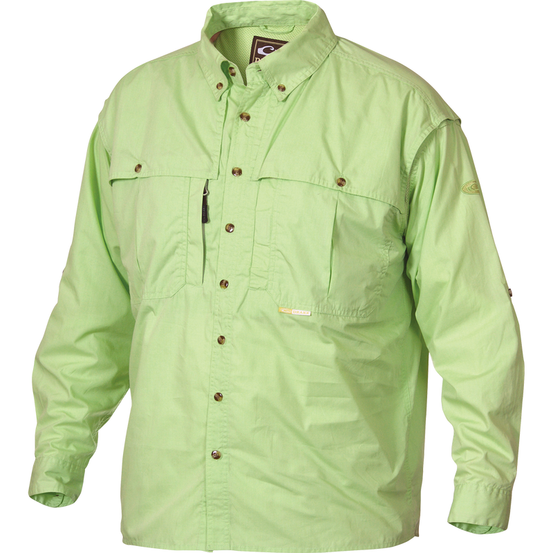 Cotton Wingshooter's Shirt with StayCool™ Fabric L/S: A functional green shirt with buttons, designed with oversized chest pockets and a vertical zippered pocket. Stay cool and manage moisture with front and back ventilation. Perfect for outdoor activities or a casual day in the office.