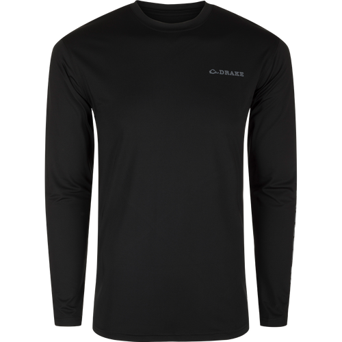 Performance Long Sleeve Crew Solid, a lightweight, moisture-wicking, and quick-drying black shirt with UPF 50 sun protection. Ideal for outdoor activities.