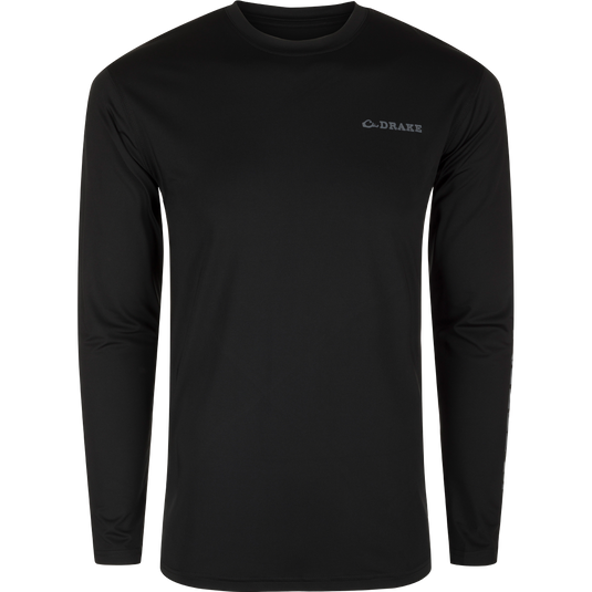 Performance Long Sleeve Crew Solid, a lightweight, moisture-wicking, and quick-drying black shirt with UPF 50 sun protection. Ideal for outdoor activities.