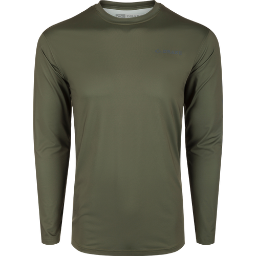 Performance Long Sleeve Crew Solid, a lightweight, moisture-wicking, and quick-drying green shirt with UPF 50 sun protection. Ideal for outdoor activities.