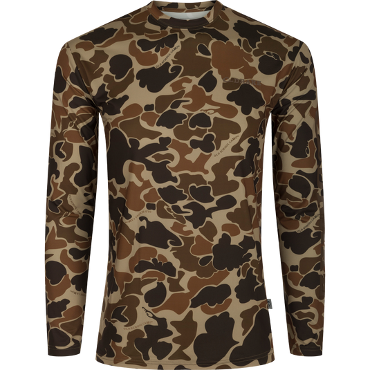 A lightweight, high-performance crew shirt with a camouflage pattern. Built-In Cooling, UPF 50, Moisture Wicking, Breathable Stretch, and Quick Drying. Perfect for outdoor activities.