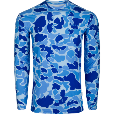 A blue and white Performance Crew shirt with cooling, UPF 50, moisture-wicking, and quick-drying features. Lightweight and versatile for all weather conditions. Perfect for water, field, or any performance needs.