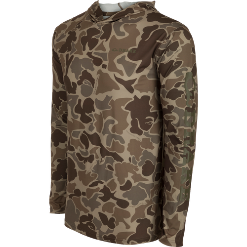 A versatile Performance Hoodie with exceptional functionality. Lightweight fabric with Cooling, UPF 50, Moisture Wicking, and Quick Drying. Exclusive Old School Camo pattern.