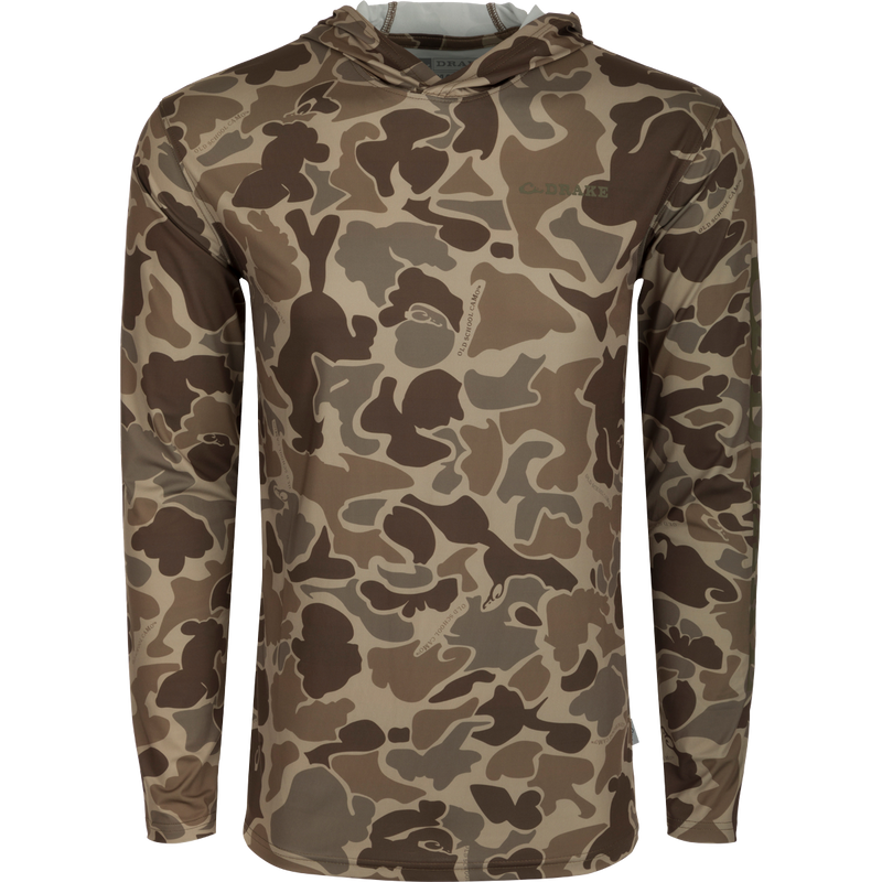 A versatile Performance Hoodie with cooling, UPF 50, moisture-wicking fabric. Lightweight and quick-drying, it features a camouflage pattern and a 3-piece hood. Perfect for hunting and outdoor activities.